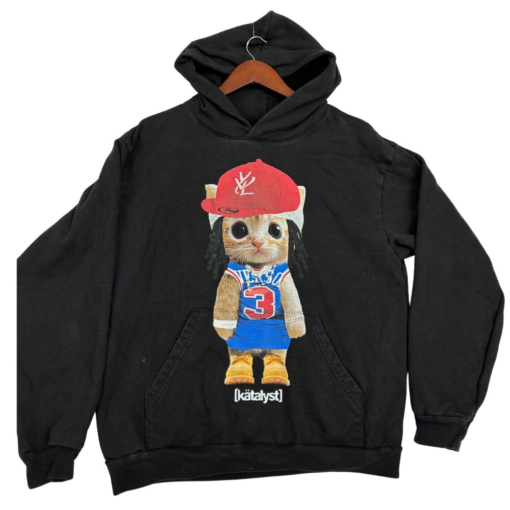 Cat Graphic Hoodie Mens L Black Streetwear Katalyst USA Made Pullover